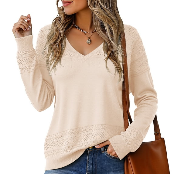 Asklazy Women's V Neck Sweaters Fall Long Sleeve Crochet Knit Casual Pullover Jumper Tops,Beige,XL
