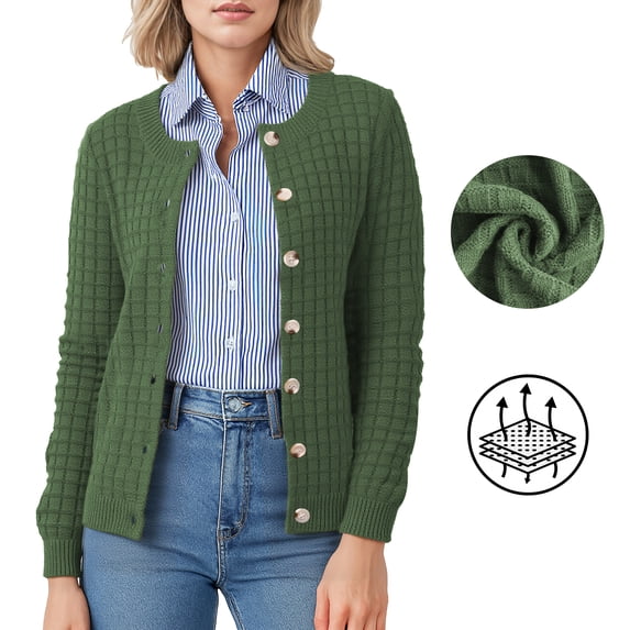 Asklazy Women's Open Front Cardigan Casual Lightweight Crewneck Long Sleeve Button down Knit Sweaters Army green,(S-2XL)