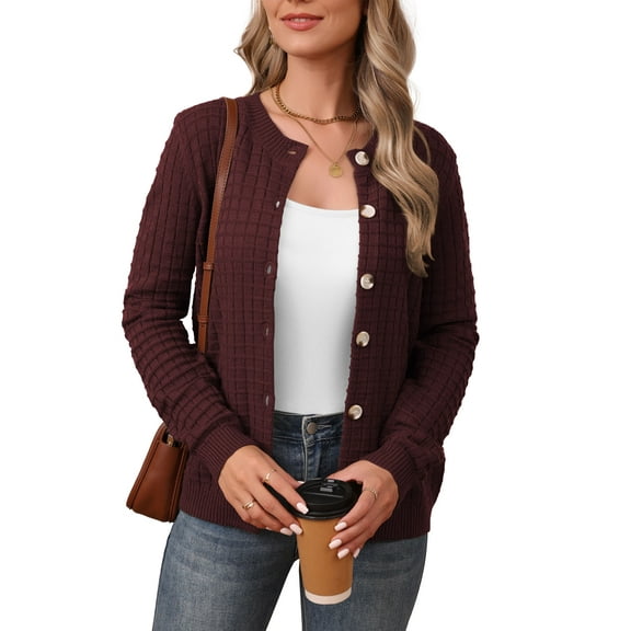 Asklazy Women's Open Front Cardigan Casual Lightweight Crewneck Long Sleeve Button down Knit Sweaters Wine red,M