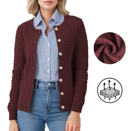 Asklazy Women's Open Front Cardigan Casual Lightweight Crewneck Long Sleeve Button down Knit Sweaters Wine red,L