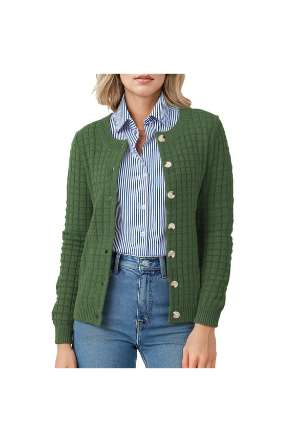 Women's Open Front Cardigan Casual Lightweight Crewneck Long Sleeve Button down Knit Sweaters Army green,M