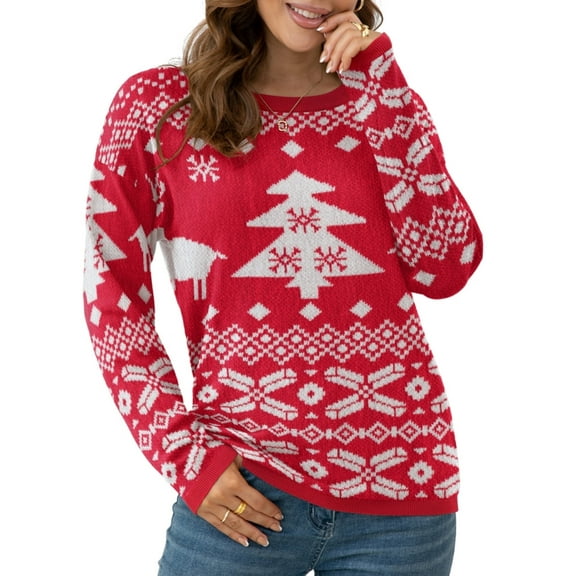 Asklazy Women's Pullover Sweaters Long Sleeve Print Knitted Crew Neck Sweater Tops（a Little Run Big）