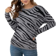 Asklazy Women's Pullover Sweaters Long Sleeve Print Knitted Crew Neck Sweater Tops（a Little Run Big）