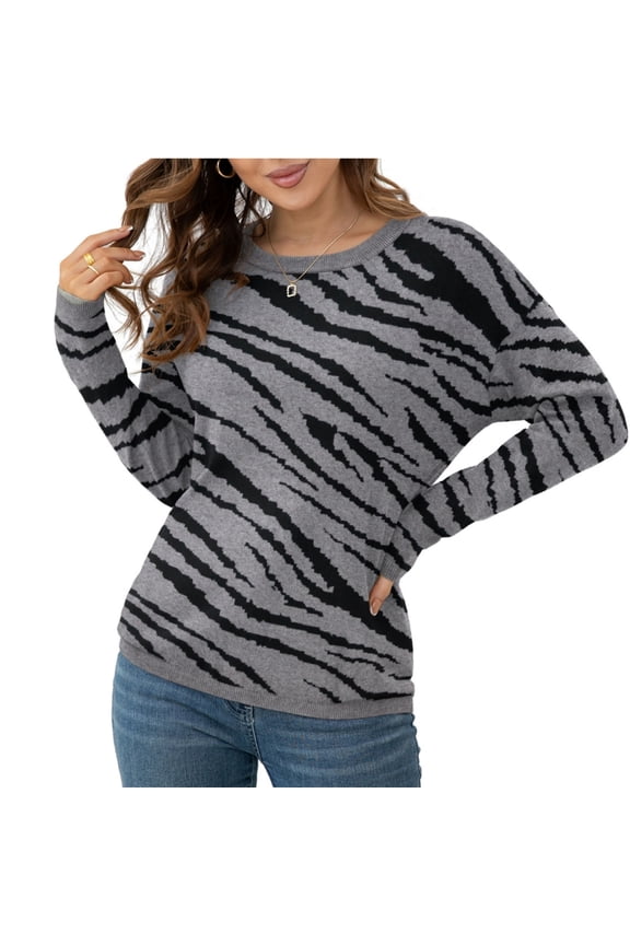 Women's Pullover Sweaters Long Sleeve Print Knitted Crew Neck Sweater Tops(a Little Run Big)