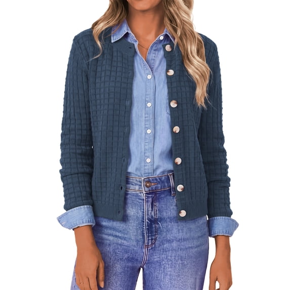 Asklazy Plus Size Women's Open Front Cardigan Casual Lightweight Crewneck Long Sleeve Button down Knit Sweaters,Halloween,Navy blue,2XL