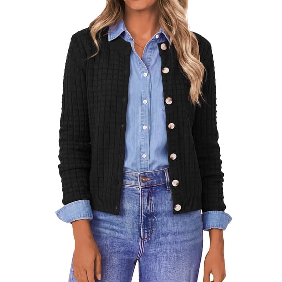 Asklazy Women's Open Front Cardigan Casual Lightweight Crewneck Long Sleeve Button down Knit Sweaters,Thanksgiving,Black,S-2XL