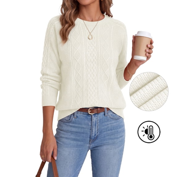 Asklazy Women Pullovers Sweater Soft Fisherman Cable Long Sleeve Crewneck Sweater,Thanksgiving,White,S
