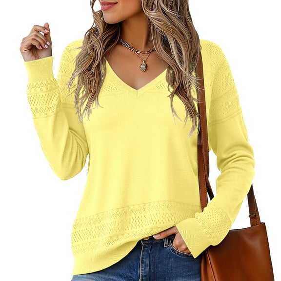 Asklazy Women's V Neck Sweaters Fall Long Sleeve Crochet Knit Casual Pullover Jumper Tops,Yellow,2XL