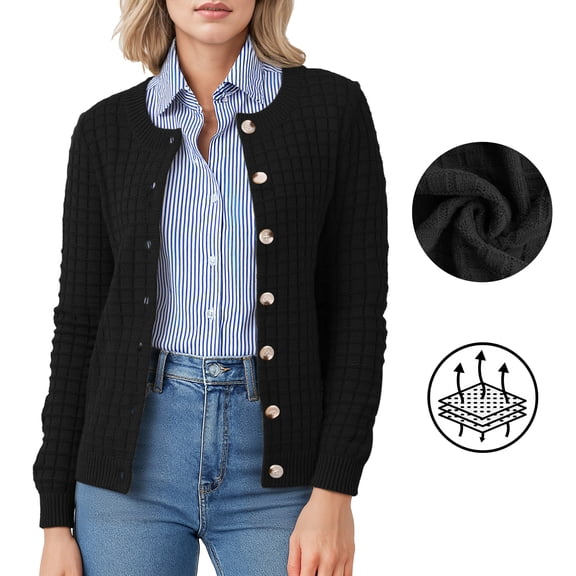 Asklazy Women's Open Front Cardigan Casual Lightweight Crewneck Long Sleeve Button down Knit Sweaters Black,S-2XL
