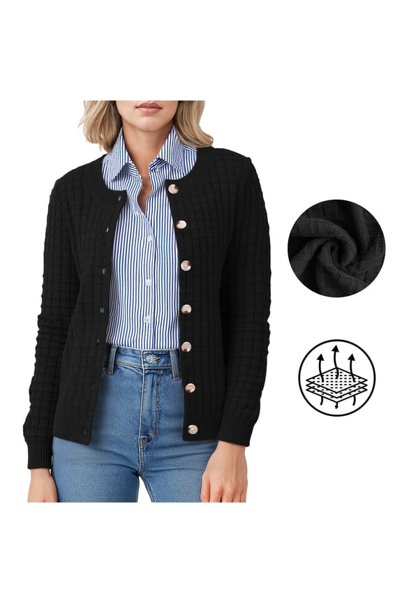 Women's Open Front Cardigan Casual Lightweight Crewneck Long Sleeve Button down Knit Sweaters Black,XL