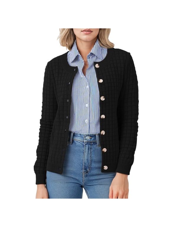 Plus Size Women's Open Front Cardigan Casual Lightweight Crewneck Long Sleeve Button down Knit Sweaters,Thanksgiving,Black,2XL