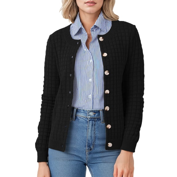 Asklazy Women's Open Front Cardigan Casual Lightweight Crewneck Long Sleeve Button down Knit Sweaters,Thanksgiving,Black,S-2XL