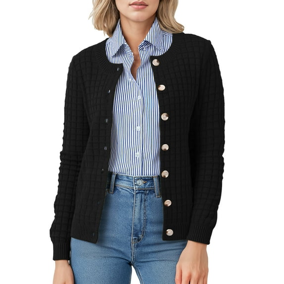 Asklazy Women's Open Front Cardigan Casual Lightweight Crewneck Long Sleeve Button down Knit Sweaters Black,S-2XL