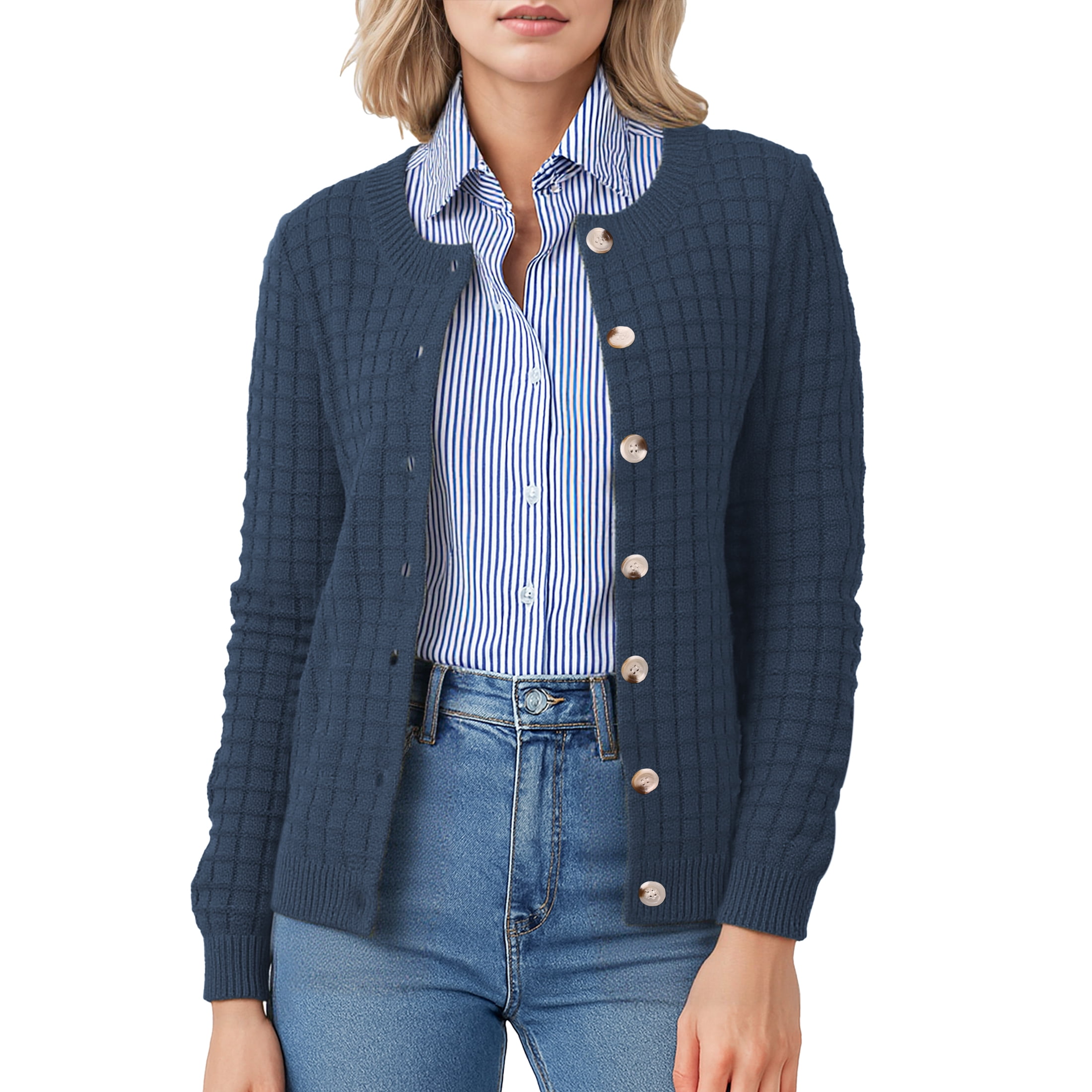 Women's Open Front Cardigan Casual Lightweight Crewneck Long Sleeve Button down Knit Sweaters Navy blue,XL