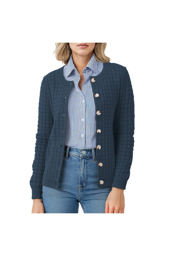 Women's Open Front Cardigan Casual Lightweight Crewneck Long Sleeve Button down Knit Sweaters Navy blue,XL