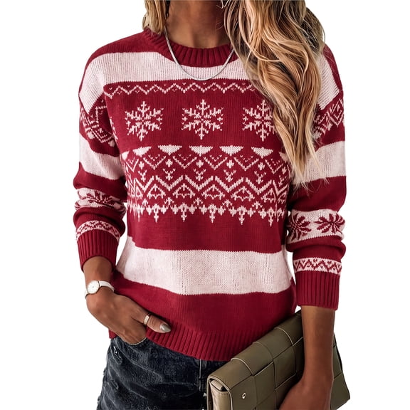 Asklazy Oversized Sweaters for Women Knit Long Sleeve Crew Neck Pullover Cute Fall Sweater Top,Christmas,Red Snowflakes,L