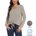thumbnail image 1 of Asklazy Women's Ribbed Knit V-Neck Tie Front Long Sleeve Slim Fit Casual Tunic Tops,US Size,Khaki,2XL, 1 of 9