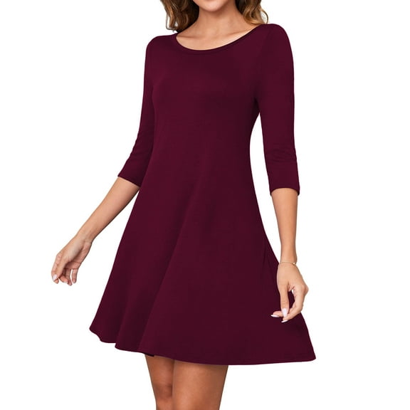 Asklazy Women's Round Casual Dress Neck 3/4 Sleeves A-line Tshirt Dress with Pocket,US Size,2XL,Wine red