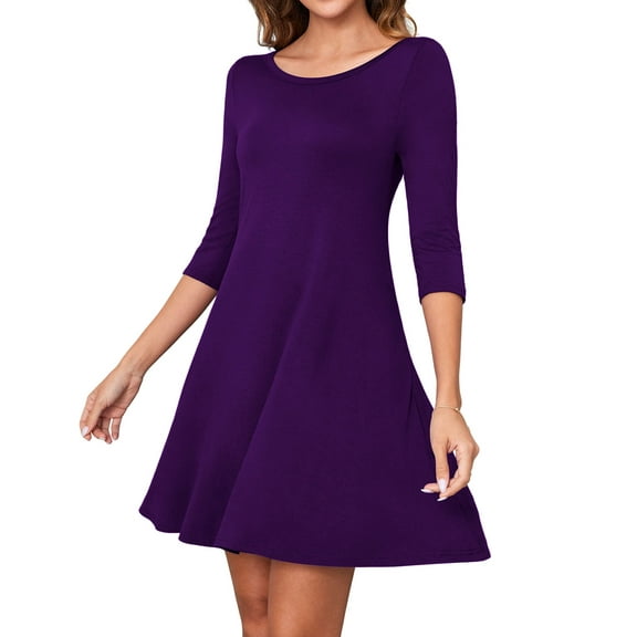 Asklazy Women's Round Casual Dress Neck 3/4 Sleeves A-line Tshirt Dress with Pocket,US Size,3XL,Purple