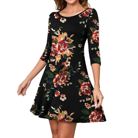 Asklazy Women's Round Casual Dress Neck 3/4 Sleeves A-line Tshirt Dress with Pocket,US Size,3XL,Red brown flower