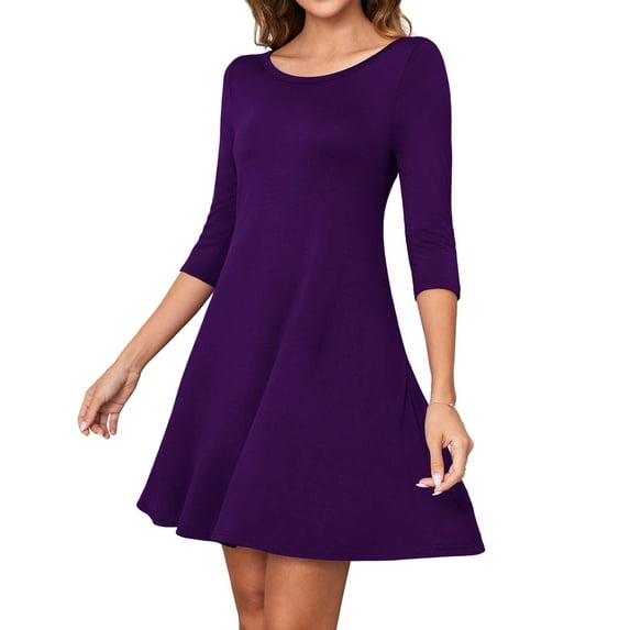 Asklazy Women's Round Casual Dress Neck 3/4 Sleeves A-line Tshirt Dress with Pocket,US Size,M,Purple