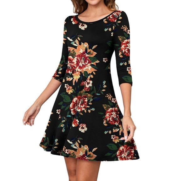 Asklazy Women's Round Casual Dress Neck 3/4 Sleeves A-line Tshirt Dress with Pocket,US Size,M,Red brown flower