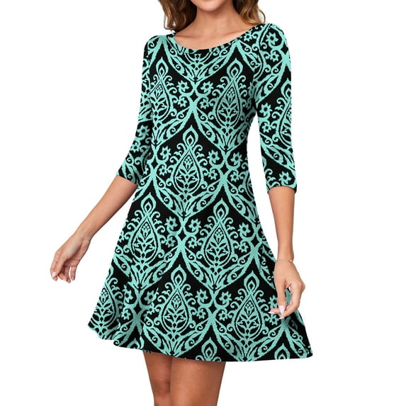 Asklazy Women's Round Casual Dress Neck 3/4 Sleeves A-line Tshirt Dress with Pocket,US Size,S,Flower Black Green