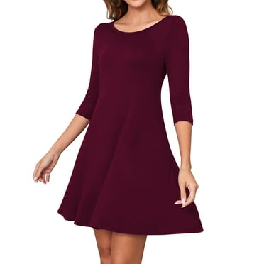 Asklazy Women's Round Casual Dress Neck 3/4 Sleeves A-line Tshirt Dress with Pocket,US Size,XL,Wine red