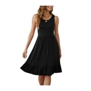 ASKLAZY Women's Round Neck Summer Sundresses Casual Pleated Ruffle Hem Knee Length Sleeveless Tank Dress with Pockets,US Size,L,Black