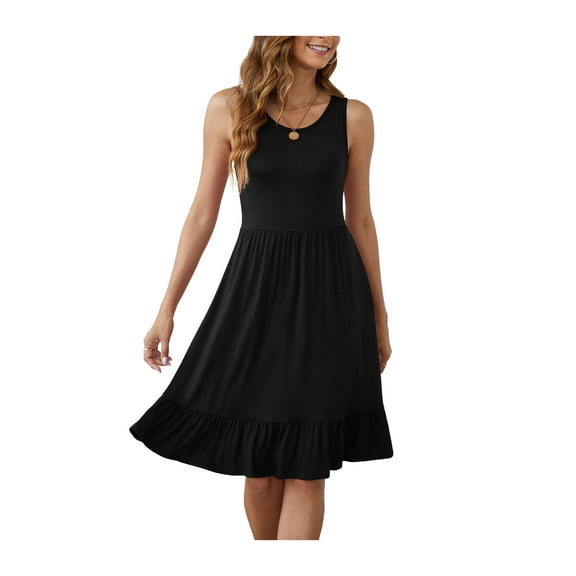 Asklazy Women's Round Neck Summer Sundresses Casual Pleated Ruffle Hem Knee Length Sleeveless Tank Dress with Pockets,US Size,L,Black