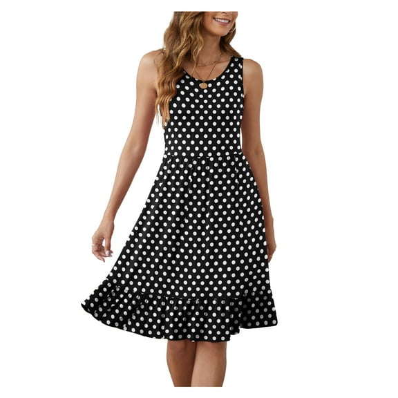 Asklazy Women's Round Neck Summer Sundresses Casual Pleated Ruffle Hem Knee Length Sleeveless Tank Dress with Pockets,US Size,XL,F Black Polka Dot