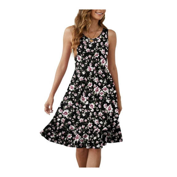 Asklazy Women's Round Neck Summer Sundresses Casual Pleated Ruffle Hem Knee Length Sleeveless Tank Dress with Pockets,US Size,L,Flower Black Pink