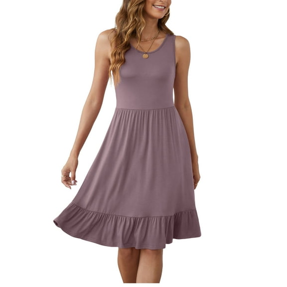 Asklazy Women's Round Neck Summer Sundresses Casual Pleated Ruffle Hem Knee Length Sleeveless Tank Dress with Pockets,US Size,L,Mauve