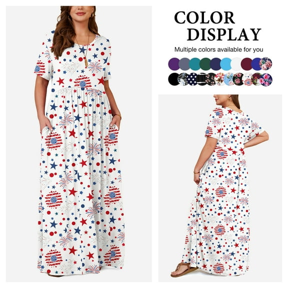 Asklazy Women's Short Sleeve Loose Plain Maxi Dresses Casual Long Dresses with Pockets,2XL,Yuan Flag