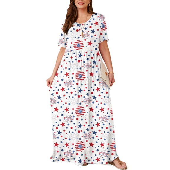 Asklazy Women's Short Sleeve Loose Plain Maxi Dresses Casual Long Dresses with Pockets,2XL,Yuan Flag