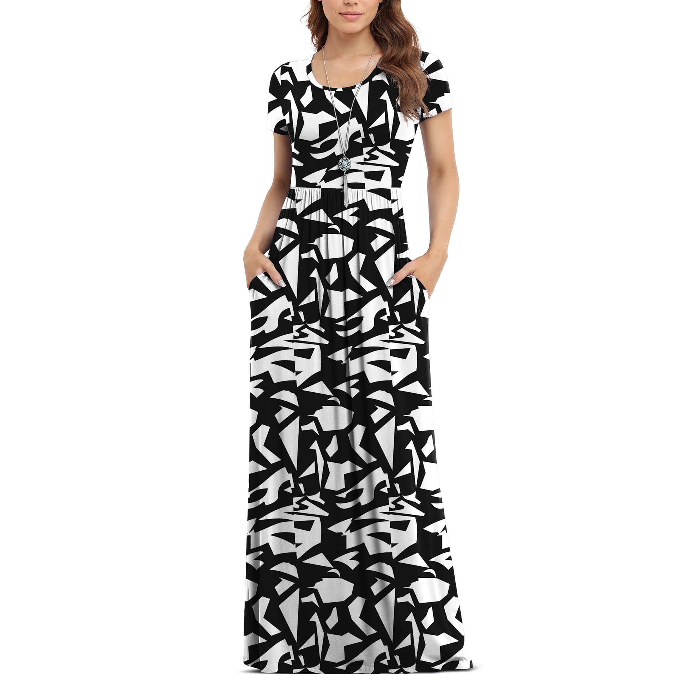 cheap casual long dresses Asklazy Women's Short Sleeve Loose Plain Maxi Dresses Casual Long Dresses with Pockets, Size: Large, Black