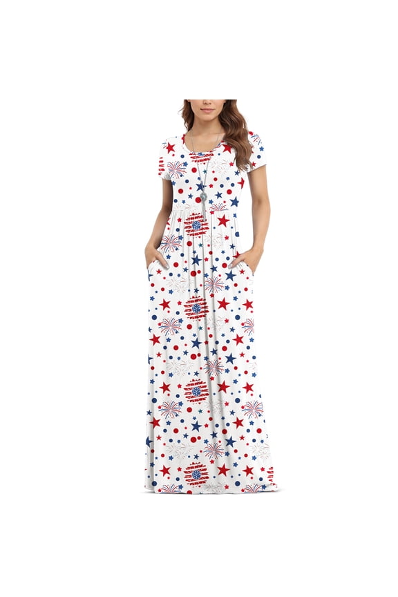 Women's Short Sleeve Loose Plain Maxi Dresses Casual Long Dresses with Pockets,S,Presidents Day Saving