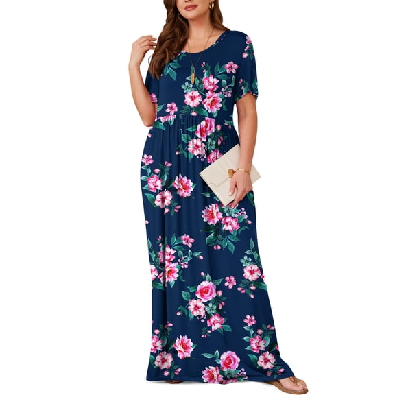 Asklazy Women's Short Sleeve Loose Plain Maxi Dresses Casual Long Dresses with Pockets,US Size,3XL,Pink Peony Navy blue
