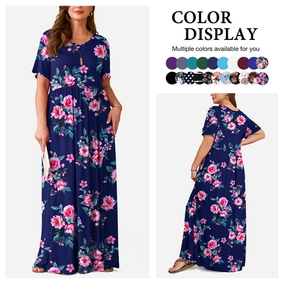 Asklazy Women's Short Sleeve Loose Plain Maxi Dresses Casual Long Dresses with Pockets,US Size,3XL,Pink Peony Navy blue