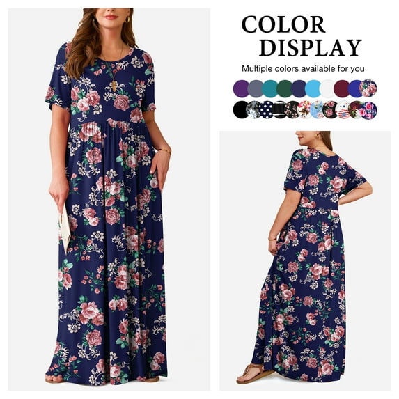 Asklazy Women's Short Sleeve Loose Plain Maxi Dresses Casual Long Dresses with Pockets,US Size,4XL,Sui rose navy blue