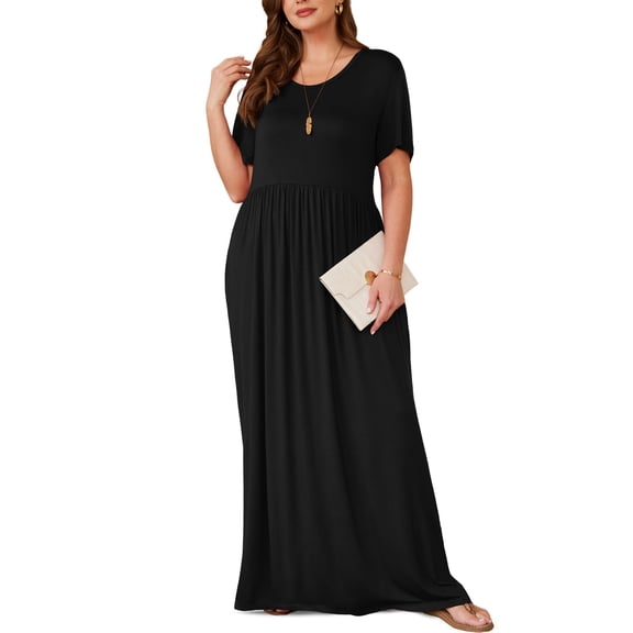 Asklazy Women's Short Sleeve Loose Plain Maxi Dresses Casual Long Dresses with Pockets,US Size,Black,2XL