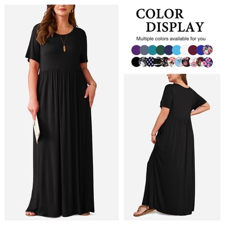 Asklazy Women's Short Sleeve Loose Plain Maxi Dresses Casual Long Dresses with Pockets,US Size,Black,3XL