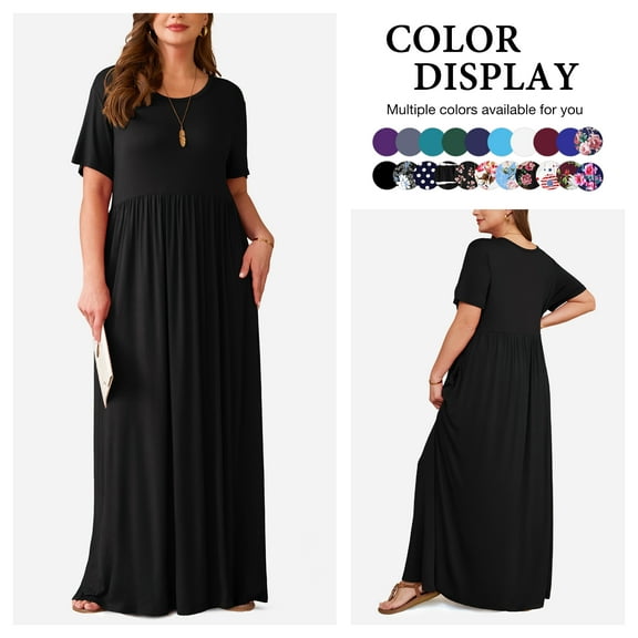 Asklazy Women's Short Sleeve Loose Plain Maxi Dresses Casual Long Dresses with Pockets,US Size,Black,3XL