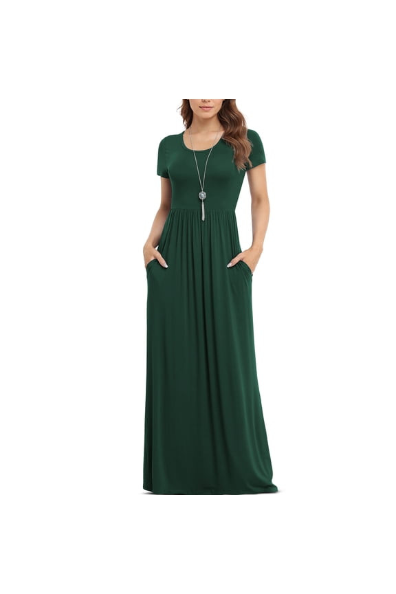 Women's Short Sleeve Loose Plain Maxi Dresses Casual Long Dresses with Pockets,St Patrick Day,Black,Dark green,XL