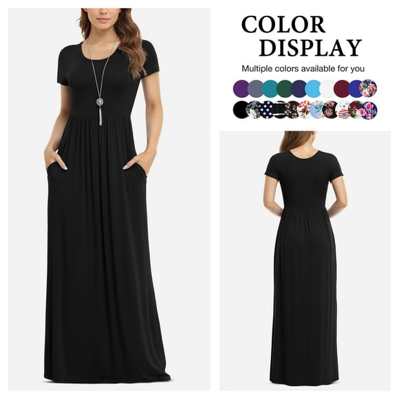 Women's Short Sleeve Loose Plain Maxi Dresses Casual Long Dresses with Pockets,US Size,Black,XL