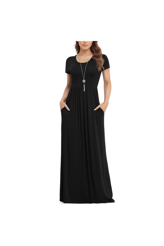 Women's Short Sleeve Loose Plain Maxi Dresses Casual Long Dresses with Pockets,Mother's Day,Black,XL