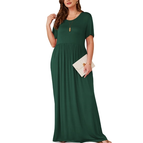 Asklazy Women's Short Sleeve Loose Plain Maxi Dresses Casual Long Dresses with Pockets,St Patrick Day,Dark green,3XL