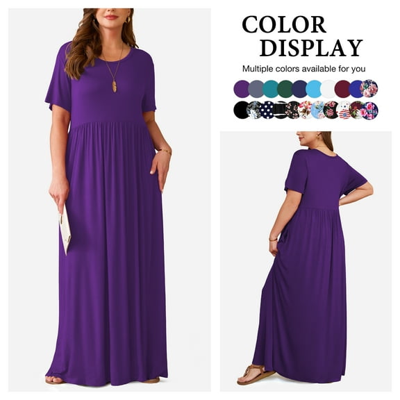 Asklazy Women's Short Sleeve Loose Plain Maxi Dresses Casual Long Dresses with Pockets,US Size,Dark purple,2XL
