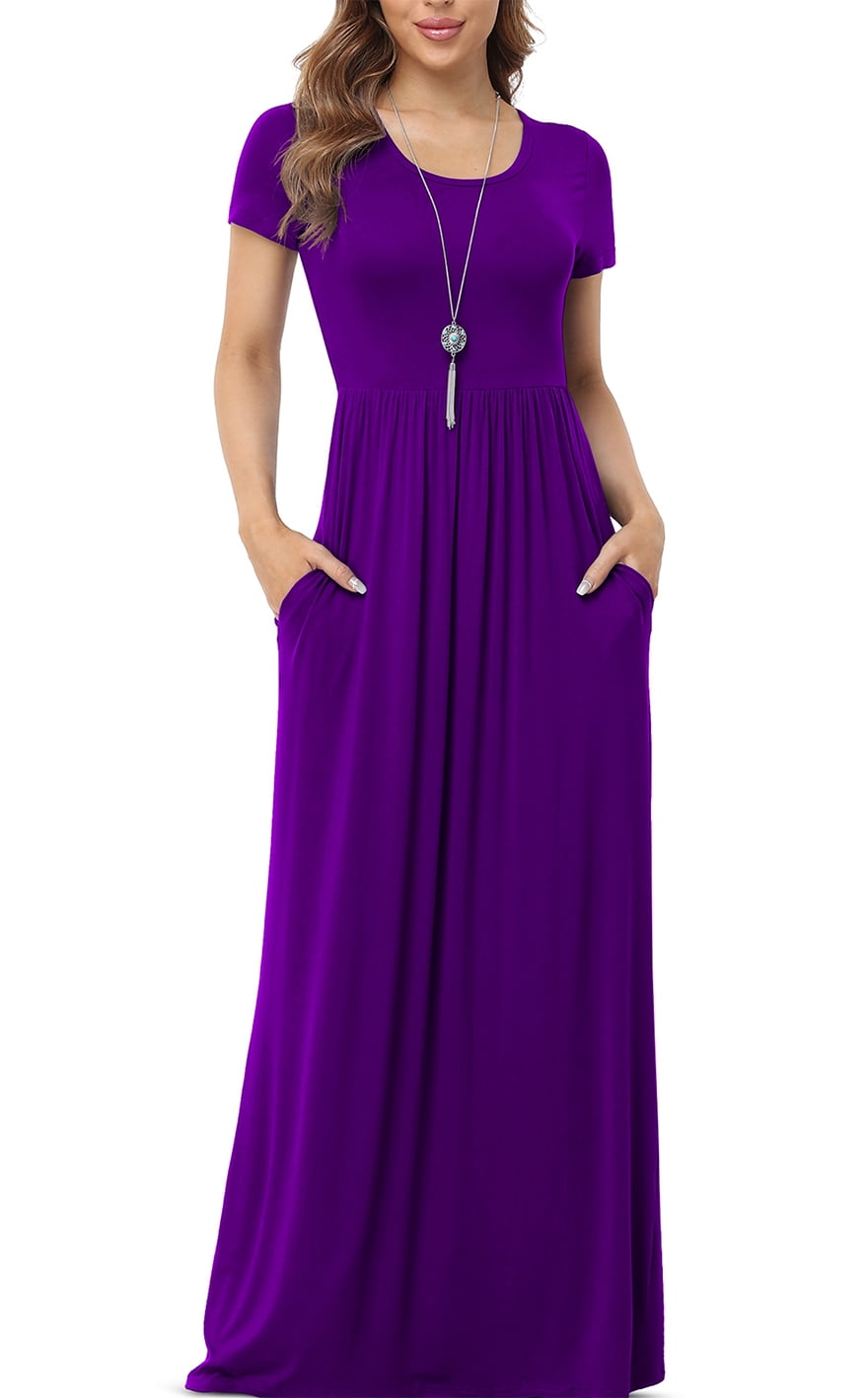 Women's Short Sleeve Loose Plain Maxi Dresses Casual Long Dresses with Pockets,US Size,Dark purple,L