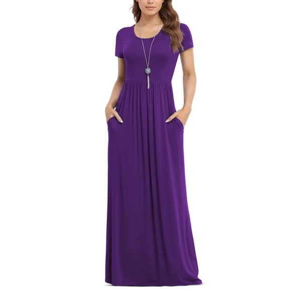 Asklazy Women's Short Sleeve Loose Plain Maxi Dresses Casual Long Dresses with Pockets,Mother's Day,Dark purple,L